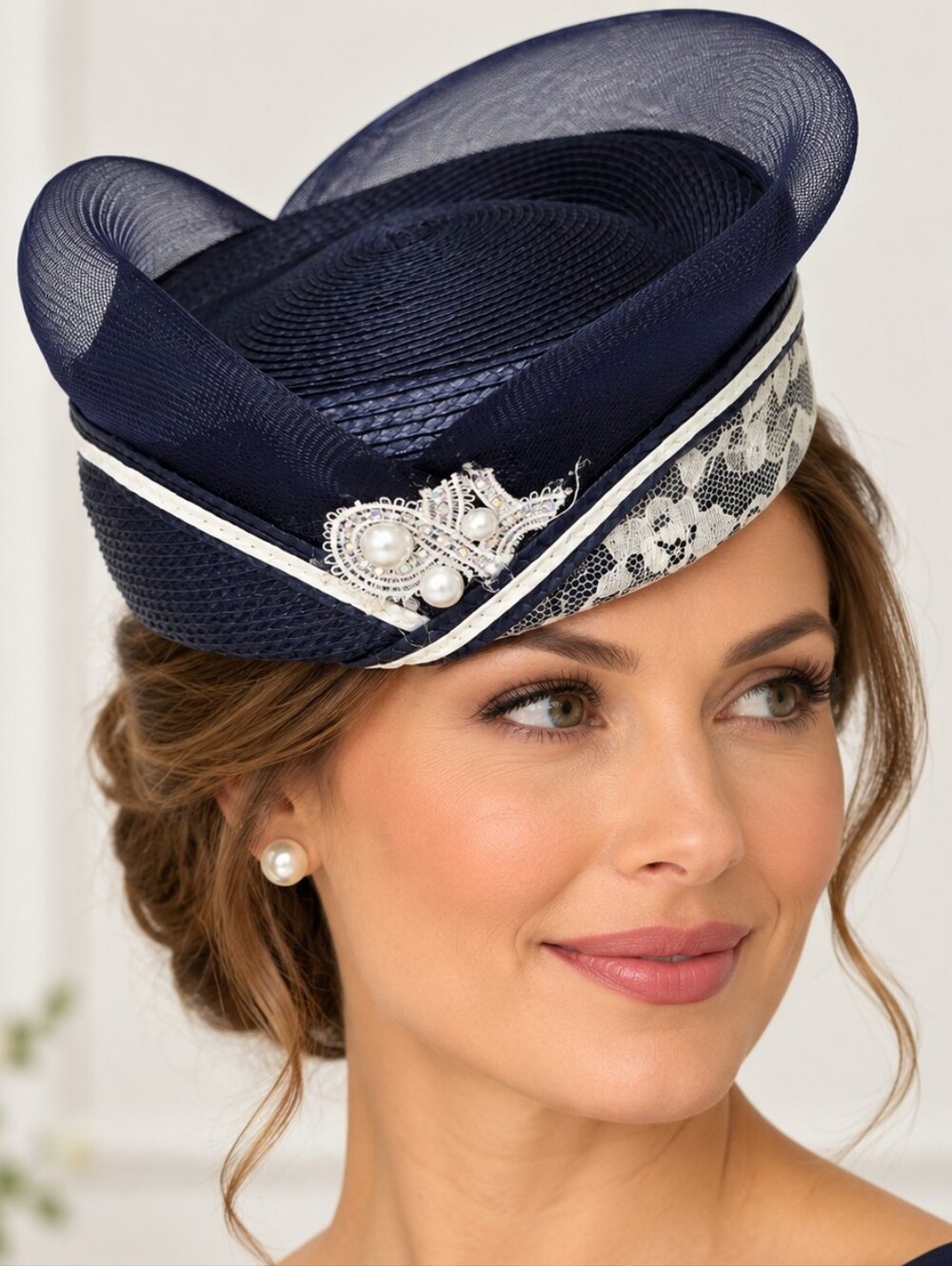 Vintage Deborah New York Navy Blue Church Derby Hat Lace Pearl Rhinestone Mesh